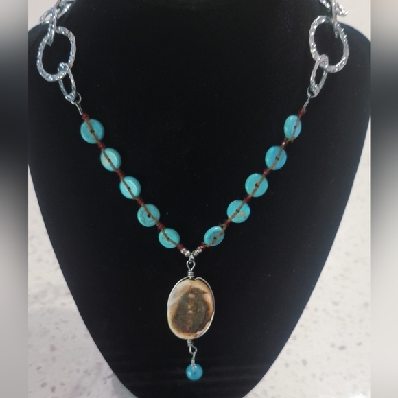 Jewelry - ✨ Turquoise Colored Beaded Necklace with Silver Chain & Pendant ✨